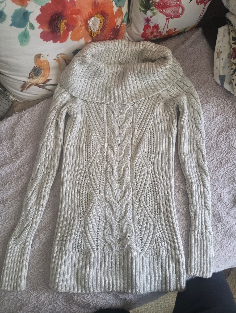 White House Black Market Cowl Neck Sweater with SILVER SPARKLE - Cream